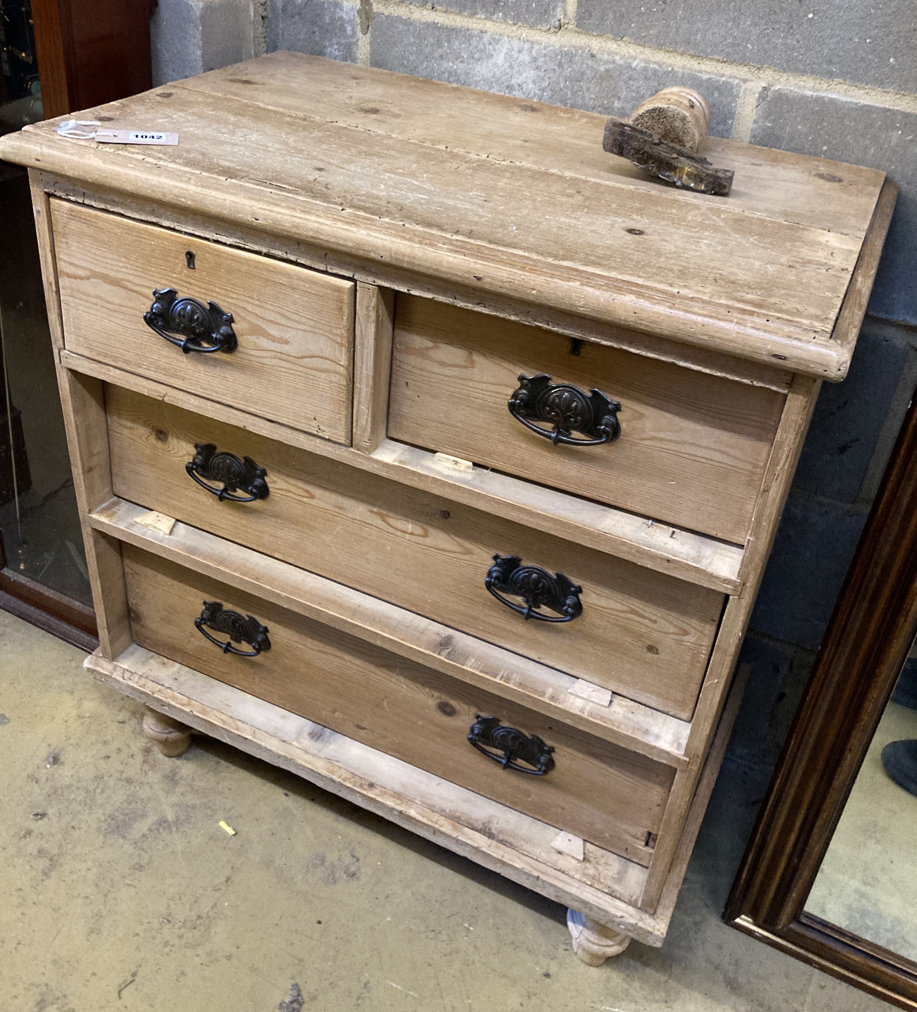 A Victorian small pine chest, fitted two short drawers and two long drawers, width 75cm, depth 43cm, height 84cm